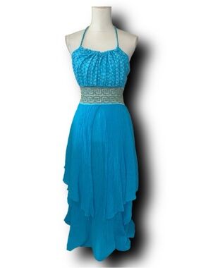 Boho Turquoise Halter Maxi Dress in Crinkle Cotton Made in Greece Festival Vibes